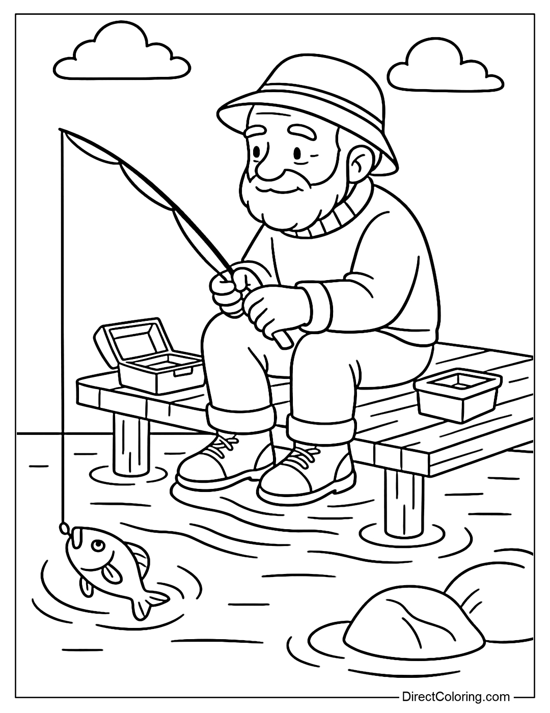 Coloring page of an old man sitting fishing on a long wooden bridge, with a box of bait and fish at his feet.